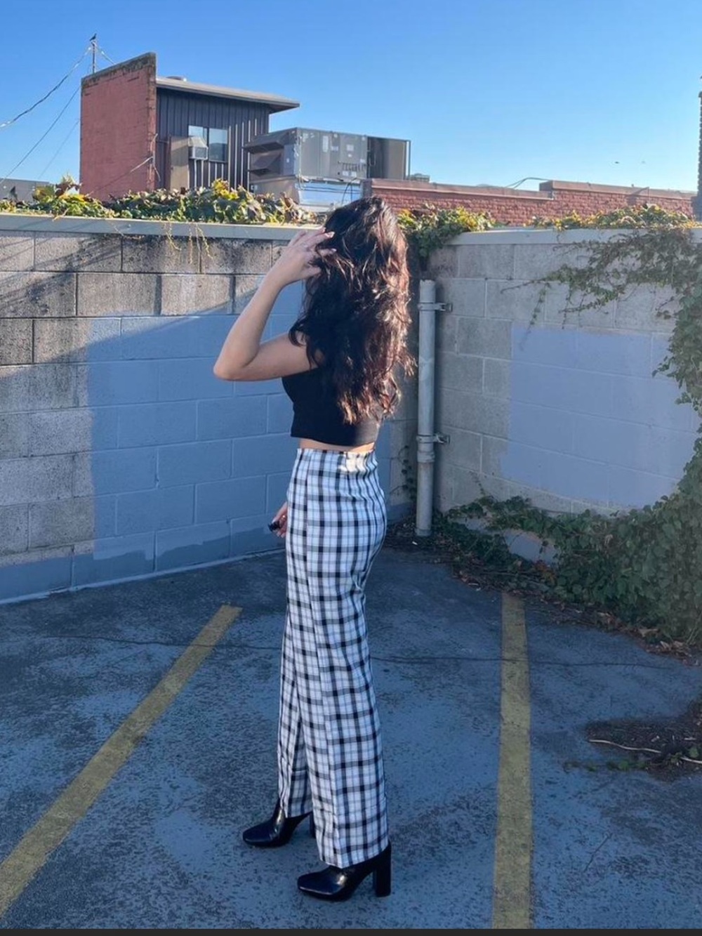 High-Waist Black & White Plaid Wide-Leg Pants